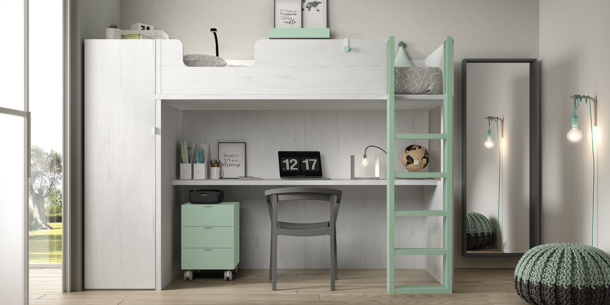 Căn phòng vừa gọn gàng vừa tươi trẻ với giường kết hợp tủ quần áo dạng tầng